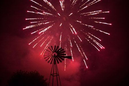 windmill and fireworksの写真素材