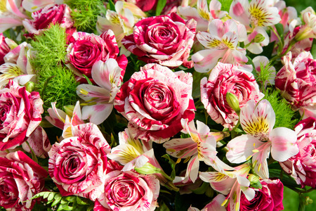 Closeup of mixed boquet of twocolored roses and lillies together with greens. Outdoor photography.の写真素材