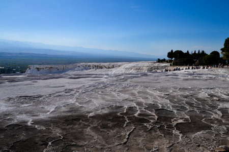 Pamukkale the white travertine thermal  pools, first used as a spa in the second century, are famous for their healing properties rich in minerals like sulfur and silica.の写真素材