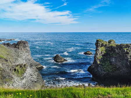 View trough the cliffs near gatklettur in iceland in snaefellsjokullの写真素材
