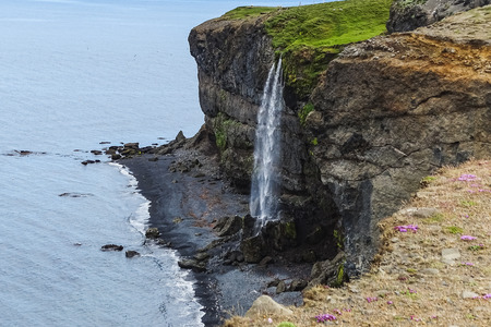 Iceland landscape with a waterful near the coast in summerの写真素材