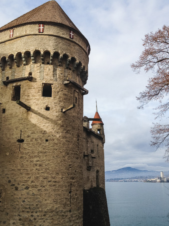 beautiful view of famous chateau de chillon castle in montreux switzerlandのeditorial素材