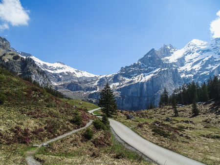 Panorama view of the Alps on a hiking path near Kandersteg switzerlandの写真素材