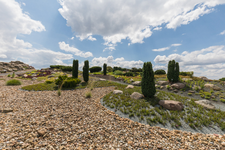amazing findlingspark area in nochten near coal power plant boxberg in germanyの写真素材