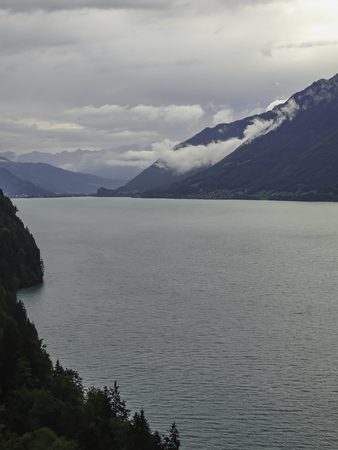 Panoramic view of Lake Brienz and the swiss alps near interlaken in Switzerlandの写真素材