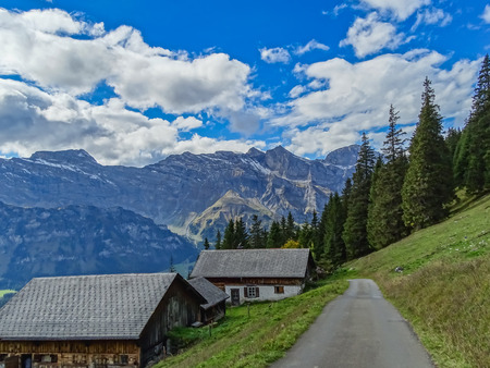 Hiking on mount Brunni at Engelberg in the Swiss alps in summerの写真素材