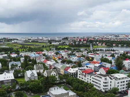 Panoramic view from hallgrimskirkja over the city reykjavik, icelandの写真素材