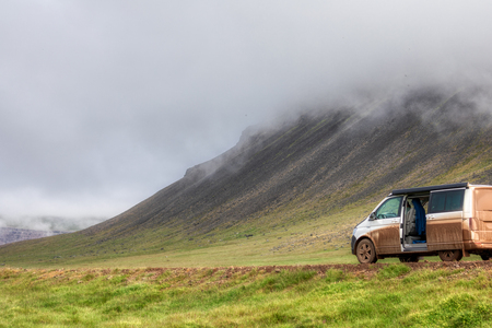 extreme camping in a volkswagen california on iceland, summerのeditorial素材