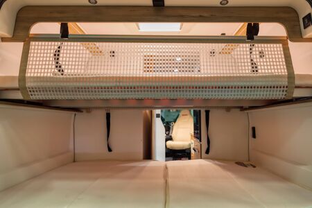 BERN, SWITZERLAND â OCTOBER 26, 2019: Look into a new camper van with modern interior on swiss caravan salonのeditorial素材