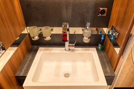 BERN, SWITZERLAND â OCTOBER 26, 2019: Look into a new camper van with modern interior on swiss caravan salonのeditorial素材