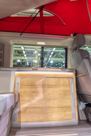 BERN, SWITZERLAND â OCTOBER 26, 2019: Look into a new camper van with modern interior on swiss caravan salonのeditorial素材