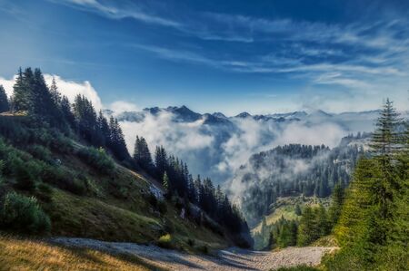 Beautiful panorama of swiss alps, mountains in the fog, summerの写真素材