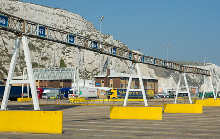 Dover, England - April 7, 2015 - Truck are arriving at Dover port to wait in line for the ferry to cross the channel.Photo taken on April 07, 2015のeditorial素材