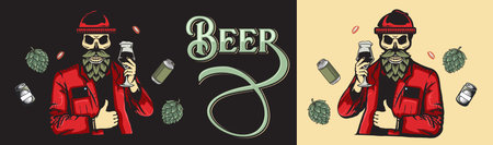 Beer industry vector set with illustration of a skull-faced man with a brew beard holding a glass of beer.のイラスト素材
