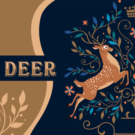 Vector deer is decorated with plants and leaves around it, beautiful ornaments and leaves unite with the deer.のイラスト素材