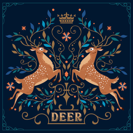 Vector deer is decorated with plants and leaves around it, beautiful ornaments and leaves unite with the deer.のイラスト素材