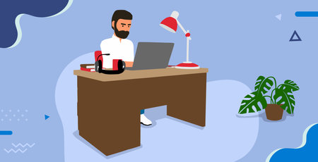 vector flat of a man working with a computer at his deskのイラスト素材