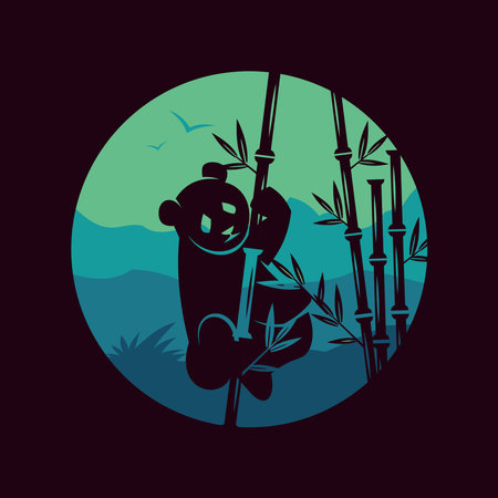 vector silhouette of a panda climbing a bamboo tree on a mountain background, flat style designのイラスト素材