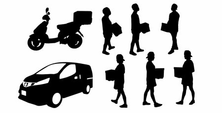 delivery order silhouette vector set, a man and a woman carrying a box and a delivery vehicleのイラスト素材