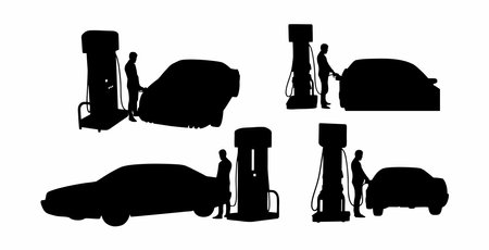 vector set of silhouettes of men filling up car gasのイラスト素材