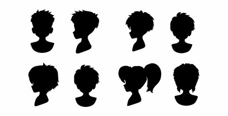 vector set of facial silhouettes and hairstyles for small boys and girls from the front and sidesのイラスト素材