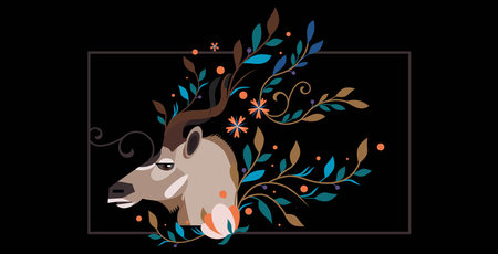 vector male goat head decorated with plants and leaves around it.のイラスト素材