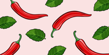 vector pattern of red pepper and its leaves. background for restaurant cafe menu Vector doodle illustrationのイラスト素材