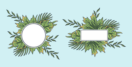 Vector banner set with green tropical leaves on bright blue background. Exotic botanical design for cosmetic, spa, perfume, beauty salon, florist. Best as a wedding invitation cardのイラスト素材