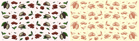 Vector graphics of cocoa fruit, beans, candy, sweets. Art sketch pattern. Natural chocolate scent. Vintage design for sweet-shop, cafeのイラスト素材