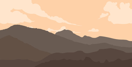 vector illustration Landscape with beautiful silhouette of mountains, with sunrise or sunset sky and lens flareのイラスト素材
