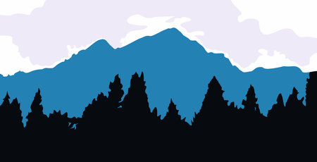 illustration of a dark blue mountain landscape with surrounding trees and a clear skyのイラスト素材