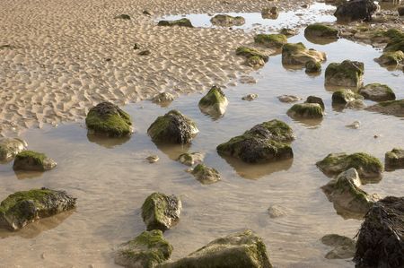 Rocks on a sandy beach on a winters day