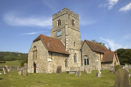 A rural church with blue sky in Kent,Englandの写真素材