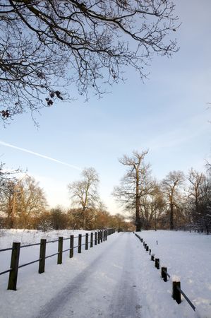 A footpath covered in snow with a fenceの写真素材