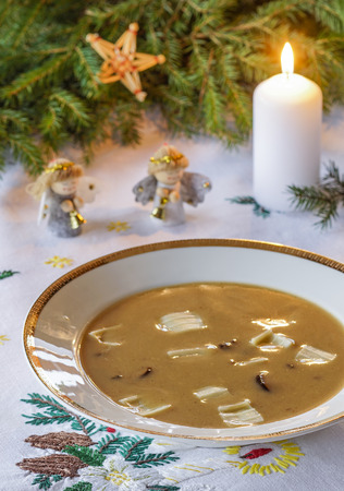 Polish Christmas mushroom soup with pastaの写真素材