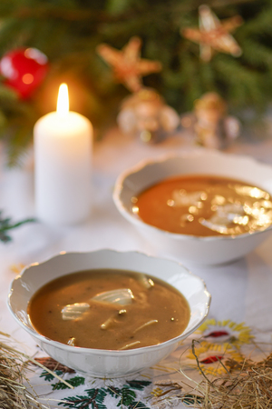 Polish Christmas mushroom soup with pastaの写真素材