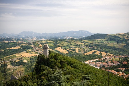 Panoramic view of Italy through San Marino castleの写真素材