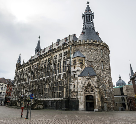 Wide-angle panorama of The Gothic Aachen Rathaus, Germanyのeditorial素材