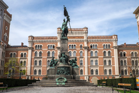 VIENNA, AUSTRIA - April 16, 2015: Deutschmeister (German champion) memorial in front of the Rossauer Kaserne (Rossau barracks). It now houses the Ministry of National Defence and Sport.のeditorial素材