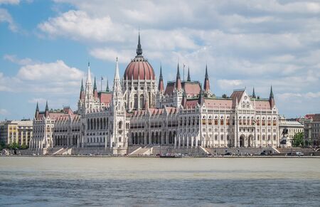 Hungarian parliament, view from river Danube, Budapest, Hungaryの写真素材