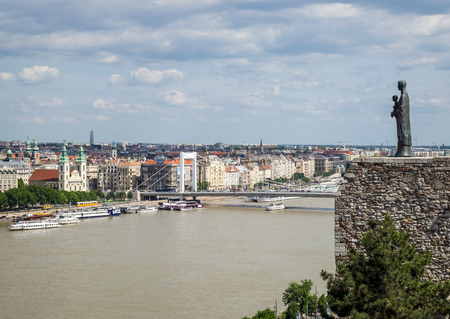 Budapest panorama with statue of Virgin Mary and Elisabeth Bridge at the back, Budapest, Hungaryのeditorial素材