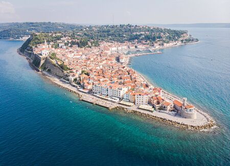 Panoramic view of Piran from the air, Sloveniaの写真素材