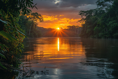 Sunset on the river in the jungle. Beautiful nature background.