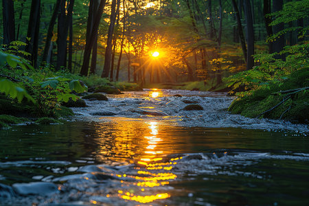 Sunset on the river in the forest. Beautiful summer landscape.の写真素材