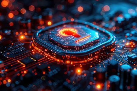 Cyber security concept. Close up of computer electronic circuit board with padlock symbol. 3d...