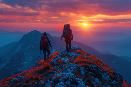 Hikers on the top of the mountain at sunset. Travel concept.