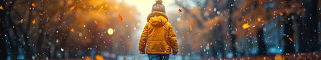 Little boy in a yellow jacket walking in the park during a snowfall.