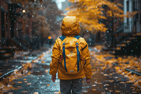 A boy in a yellow raincoat with a backpack walks through the rain.の写真素材