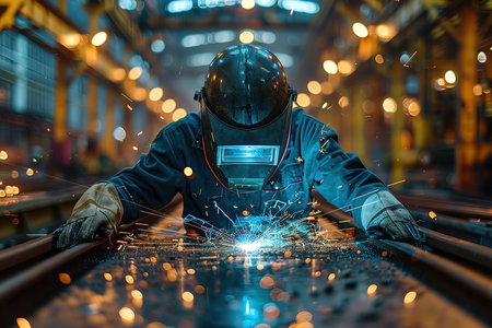 Industrial welder at work. Metalwork and technology concept.