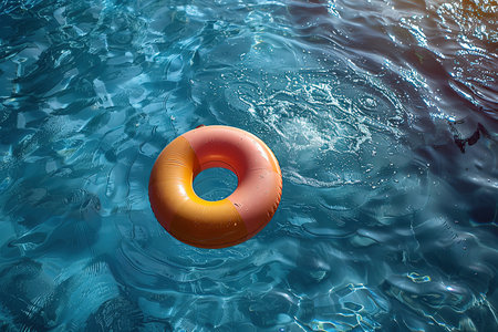 Orange inflatable ring floating in the swimming pool with blue water background